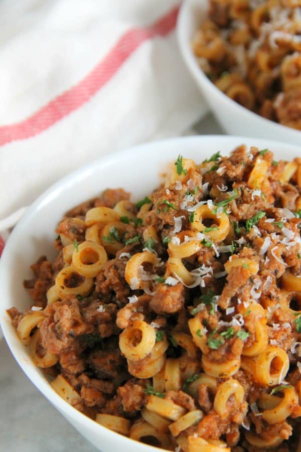 Homemade Spaghetti O's in white bowl