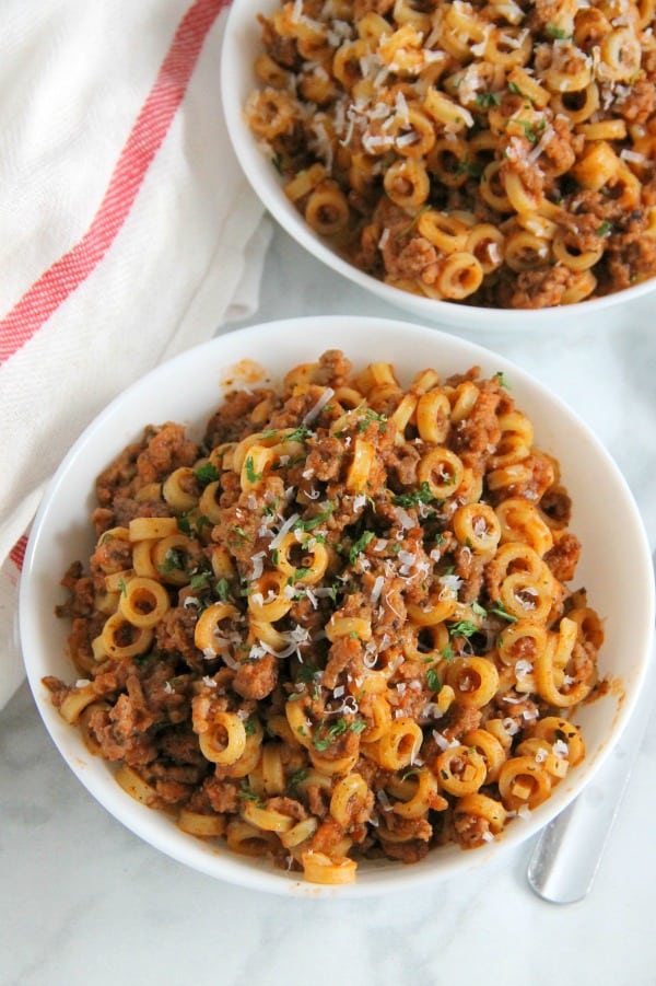 Homemade Spaghetti O's in white bowl