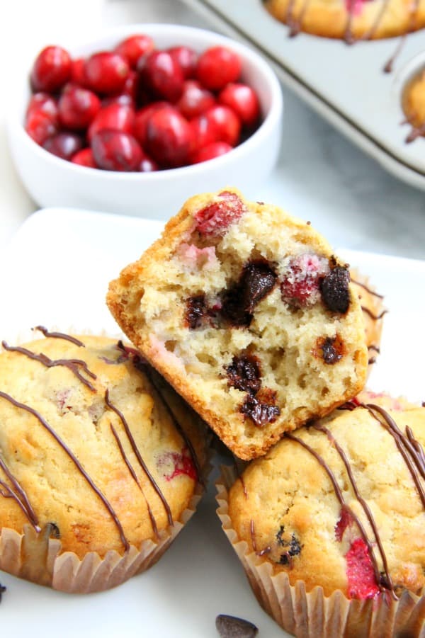 Cranberry Dark Chocolate Oatmeal Muffins on white plate