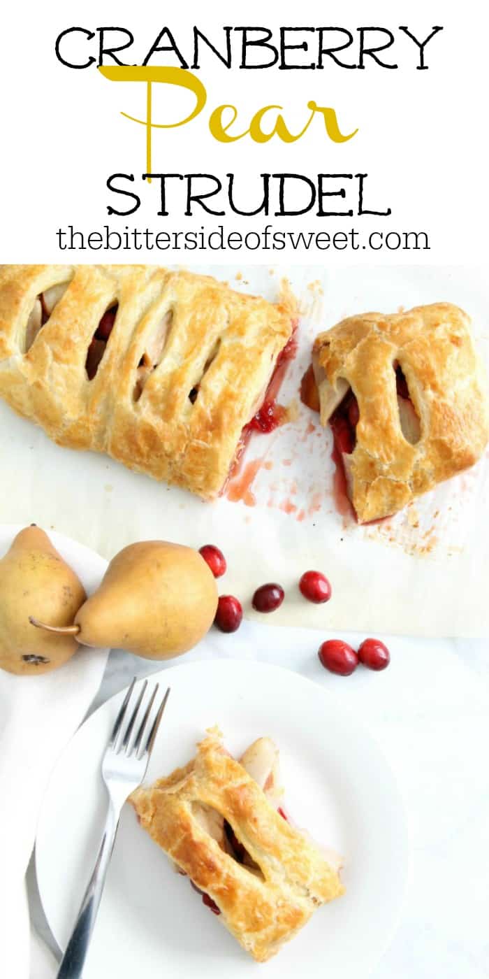 Cranberry Pear Strudel is a simple, sweet dessert! A few ingredients of seasonal fruit and puff pastry and you have the perfect treat! | The Bitter Side of Sweet #puffpastry #cranberry #pear