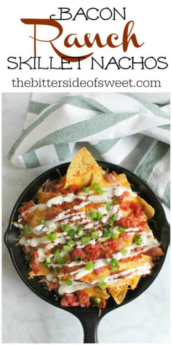 Bacon Ranch Skillet Nachos are the perfect party food! Lots of cheese and bacon makes this an easy appetizer for your festivities! | The Bitter Side of Sweet #gameday #nachos #bacon