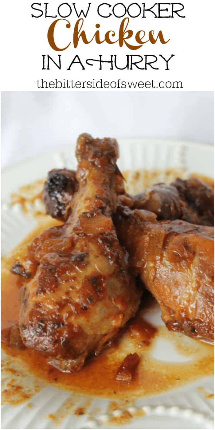 Chicken in a Hurry is a slow cooker chicken that has a great tangy base cooked till the meat falls off the bones! Prep time is minimal and the slow cooker does the rest! | The Bitter Side of Sweet #chicken #dinner #slowcooker