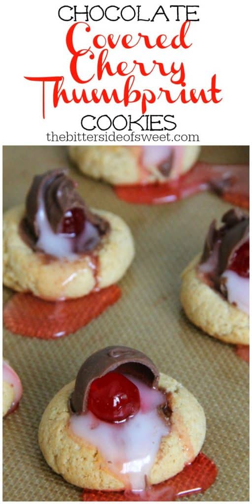 Chocolate Covered Cherry Thumbprint Cookies on brown background