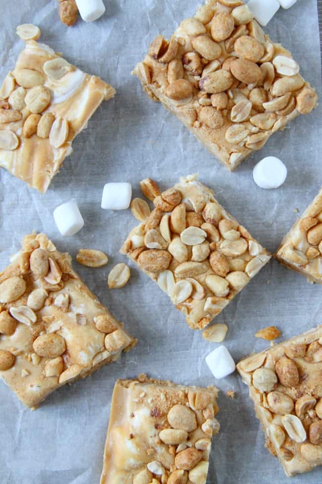 Salted Nut Roll Bars are a candy classic made into a delicious ooey gooey bar! Filled with peanut butter and marshmallows, the whole family would enjoy it! Salted Nut Roll Bars on white background