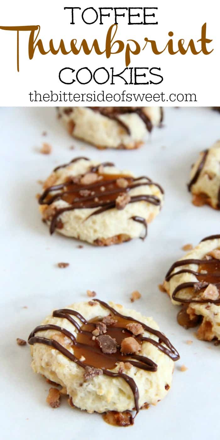 Toffee Thumbprint Cookies are the perfect cookie for holiday baking or anytime of the year! With a caramel center and crunch toffee pieces you are going to love this easy to make cookie! | The Bitter Side of Sweet #ChristmasSweetsWeek #ad