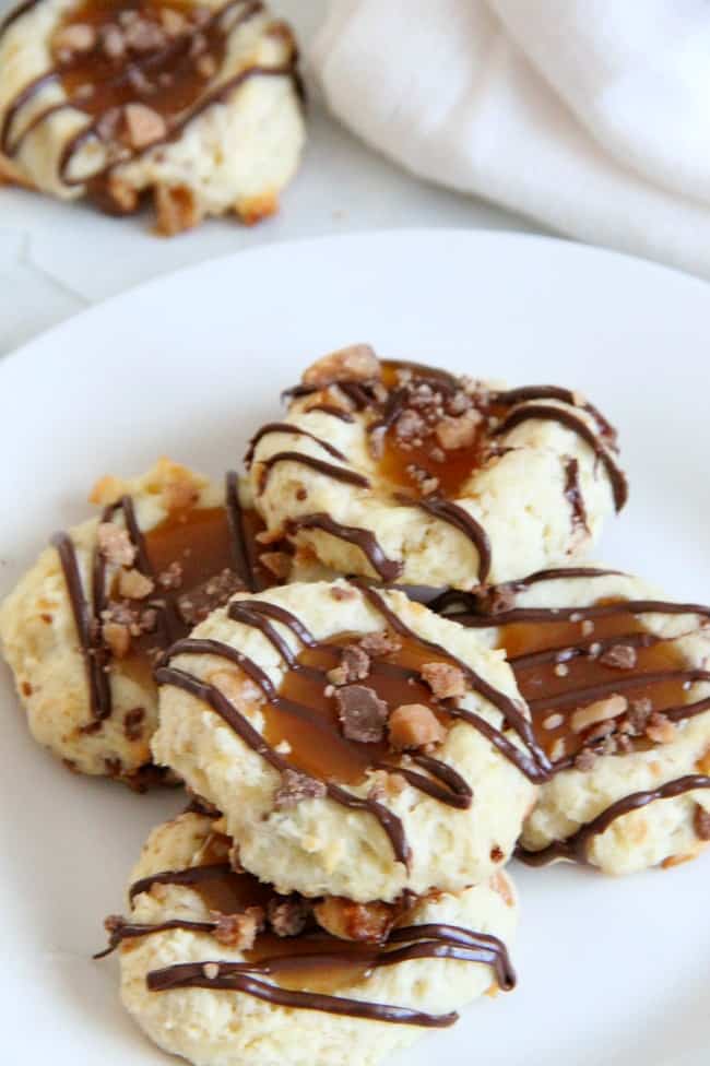 Toffee Thumbprint Cookies on a white plate