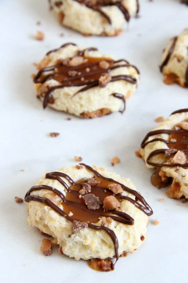 Toffee Thumbprint Cookies on a white plate