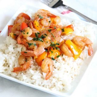 Instant Pot Sweet and Sour Shrimp on white plate