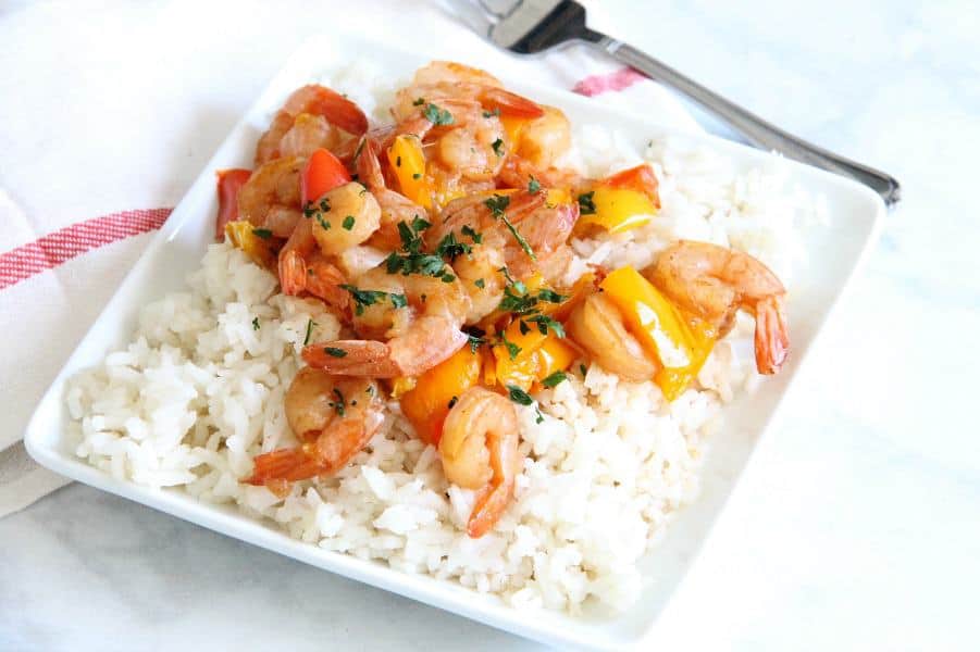 Instant Pot Sweet and Sour Shrimp on white plate