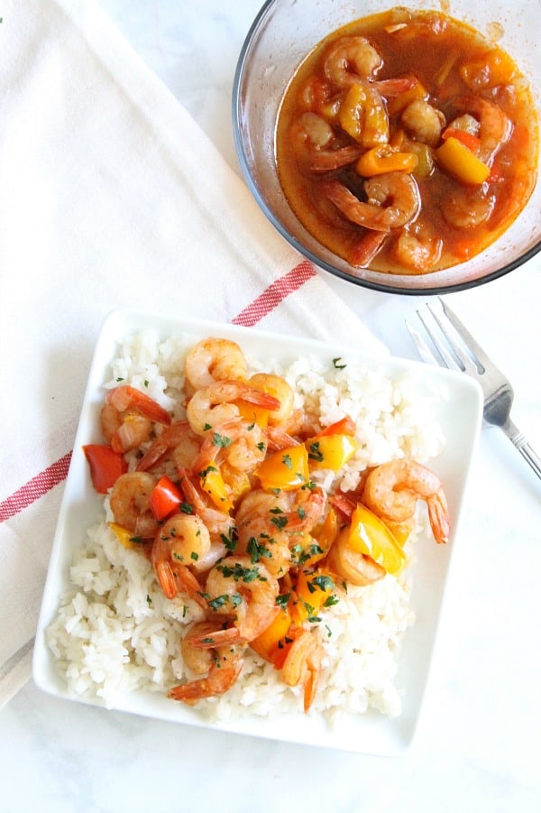 Instant Pot Sweet and Sour Shrimp on white plate