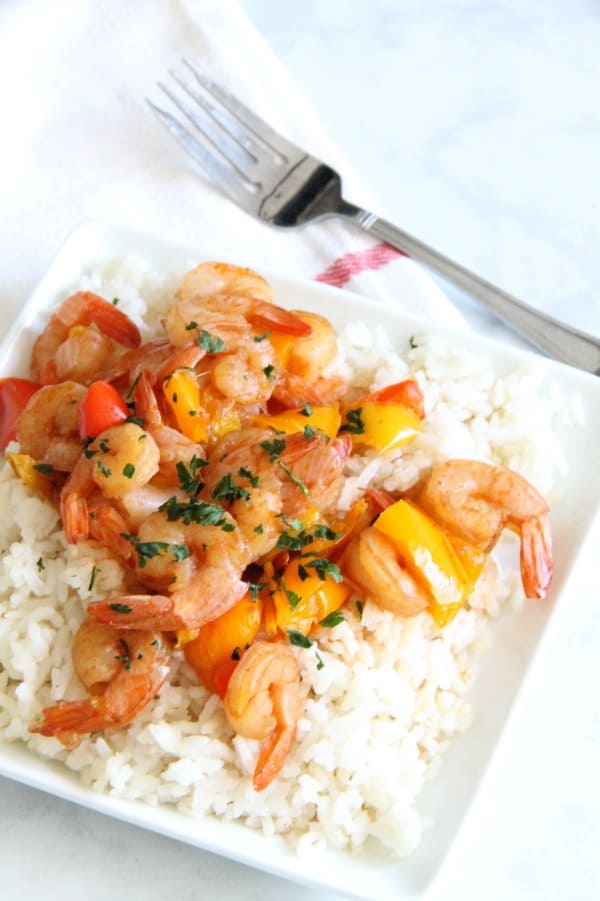 Instant Pot Sweet and Sour Shrimp on white plate