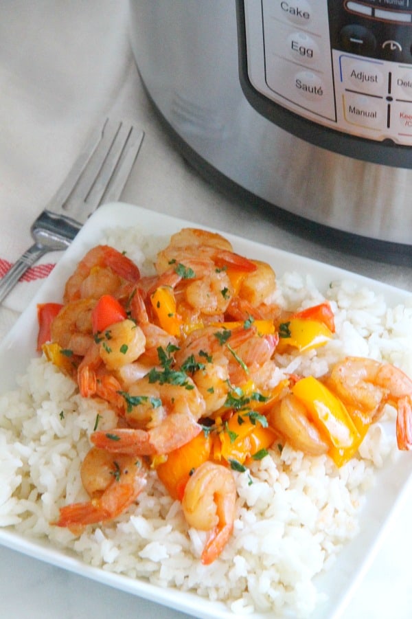 Instant Pot Sweet and Sour Shrimp on white plate