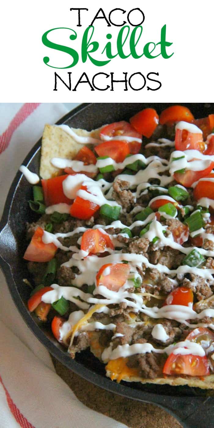 Taco Skillet Nachos are the best kind of party food! All of your favorite flavors for tacos topped onto a bed of tortilla chips for a delicious appetizer! | The Bitter Side of Sweet #gameday #appetizer #taco