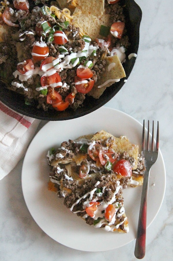 Taco Skillet Nachos on white plate