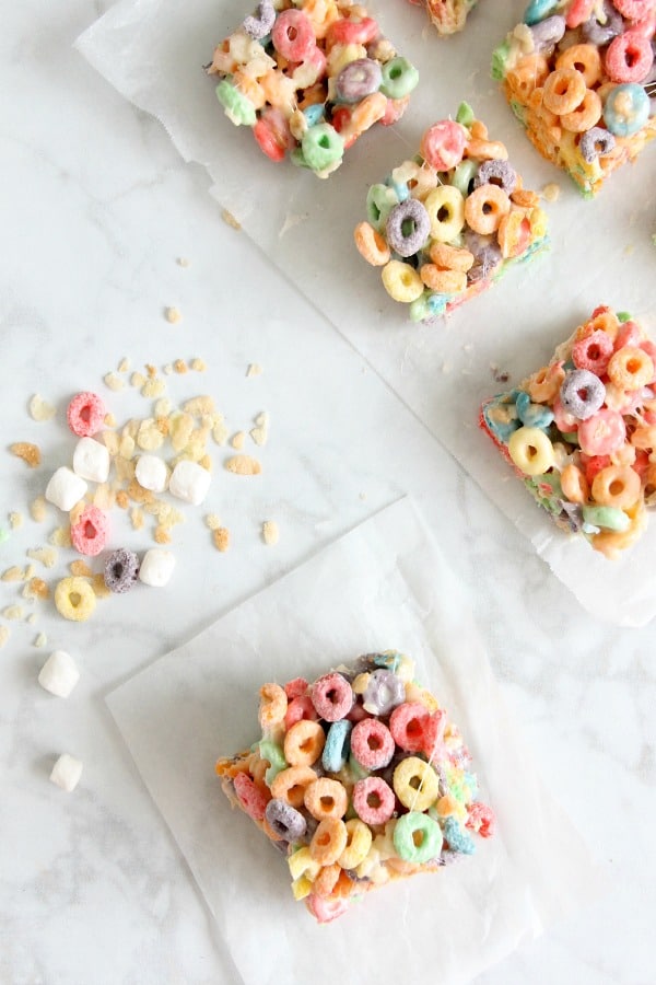 Fruity Marshmallow Treats on parchment paper