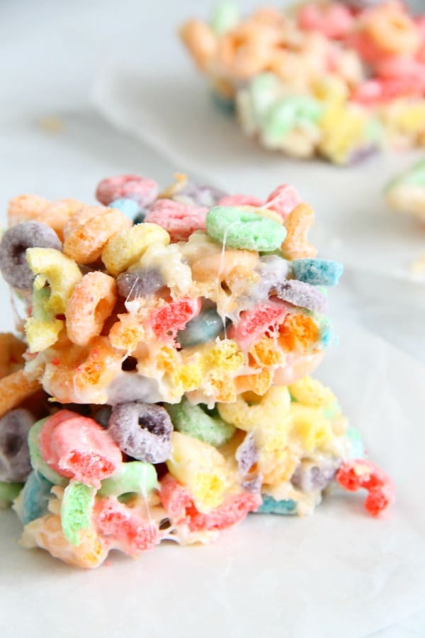 Fruity Marshmallow Treats on parchment paper