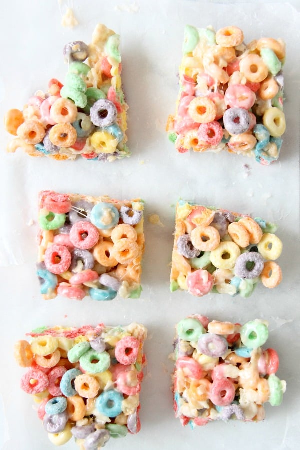 Fruity Marshmallow Treats on parchment paper