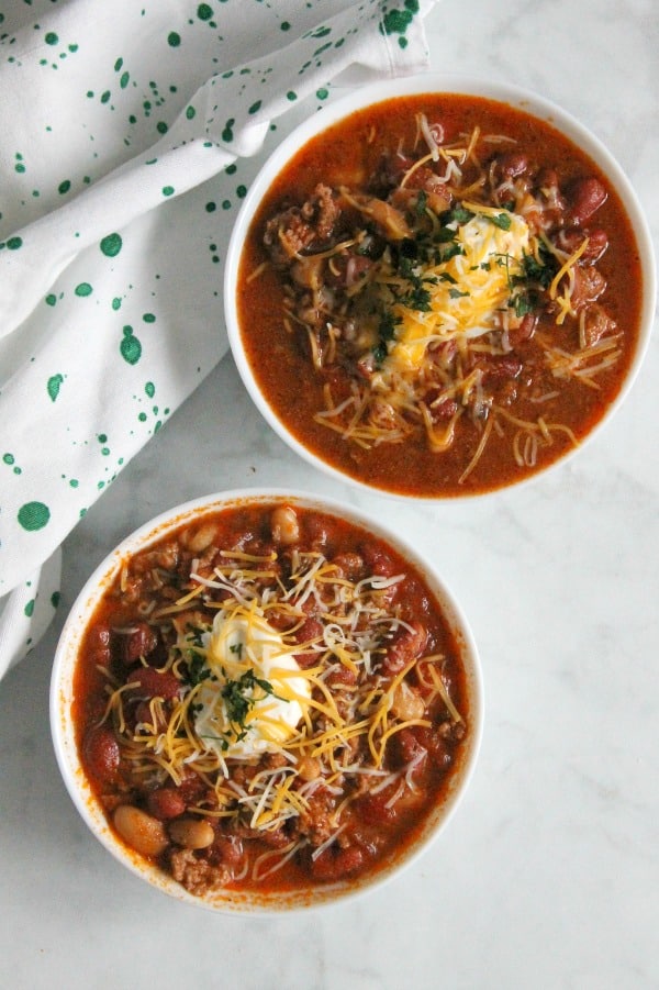 Instant Pot Three Bean Chili in white bowl