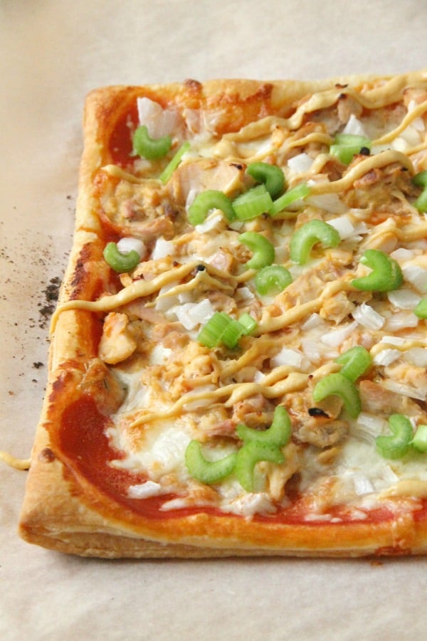 Puff Pastry Honey Mustard Chicken Pizza on parchment paper