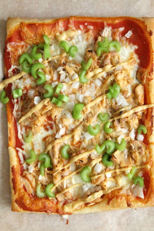 Puff Pastry Honey Mustard Chicken Pizza on parchment paper