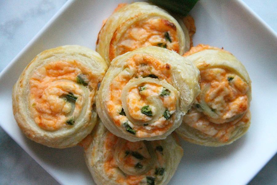 Puff Pastry Jalapeno Popper Pinwheels on white plate