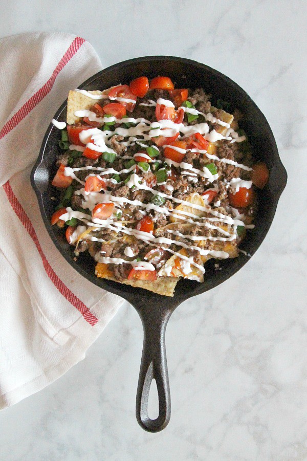 Taco Skillet Nachos in black skillet