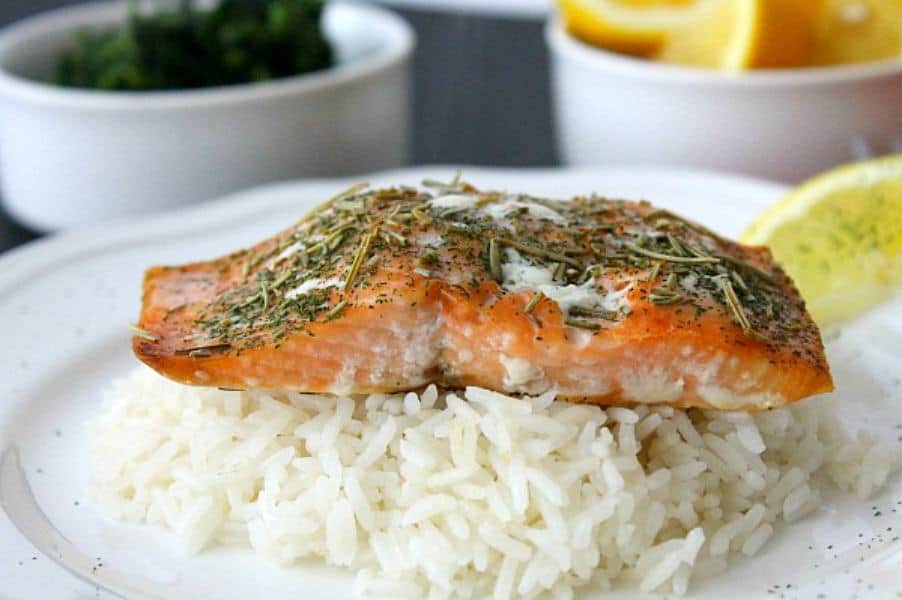 Baked Herbed Salmon on white plate