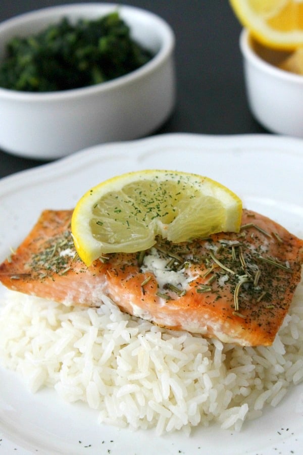 Baked Herbed Salmon on white plate