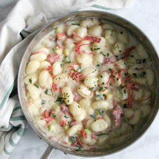 Creamy Gnocchi with Corned Beef and Zucchini in skillet