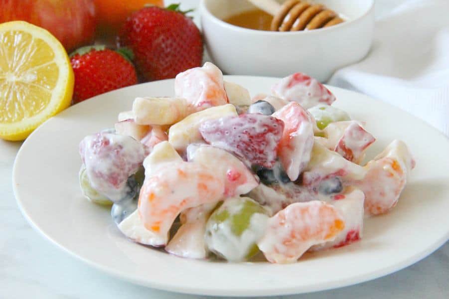 Creamy Yogurt Fruit Salad on white plate