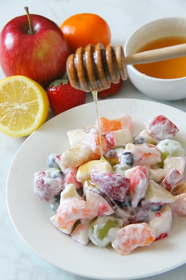 Creamy Yogurt Fruit Salad on white plate