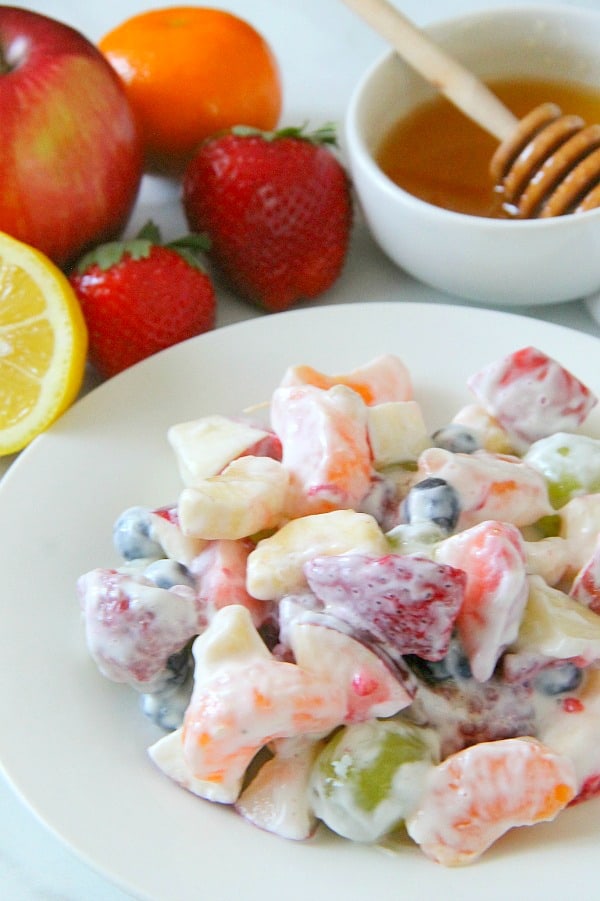 Creamy Yogurt Fruit Salad on white plate