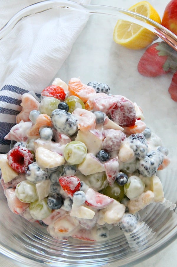 Creamy Yogurt Fruit Salad in glass bowl