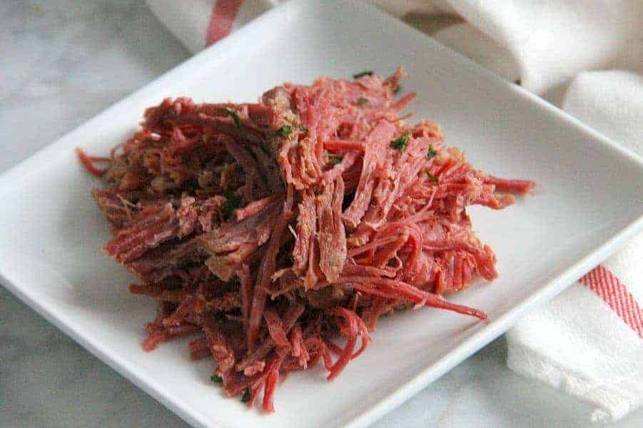 Easy Instant Pot Corned Beef on white plate