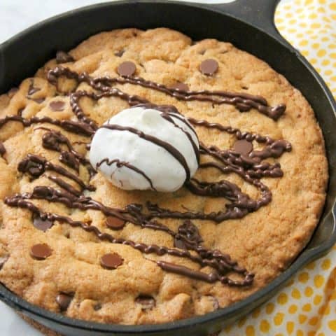 Chocolate Chip Skillet Cookie in a cast iron skillet