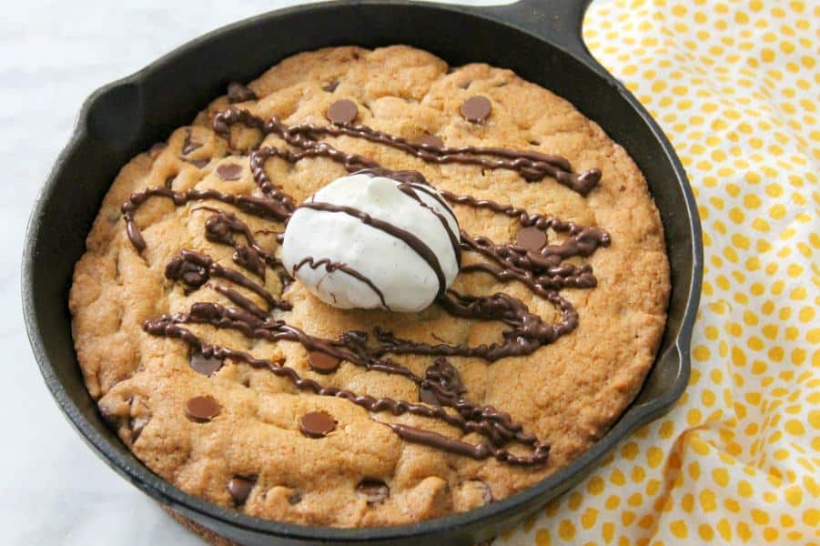 Chocolate Chip Skillet Cookie in a cast iron skillet