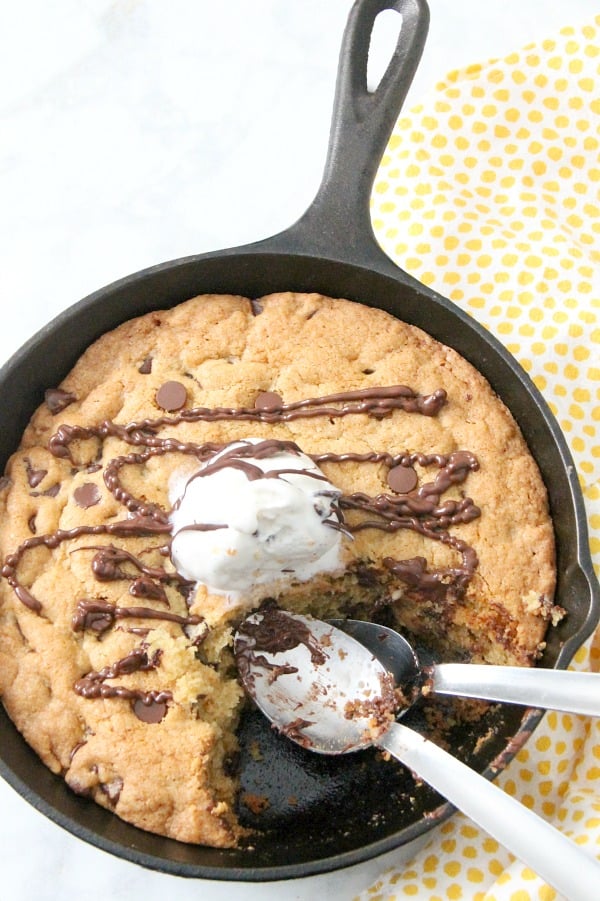 Chocolate Chip Skillet Cookie in a cast iron skillet