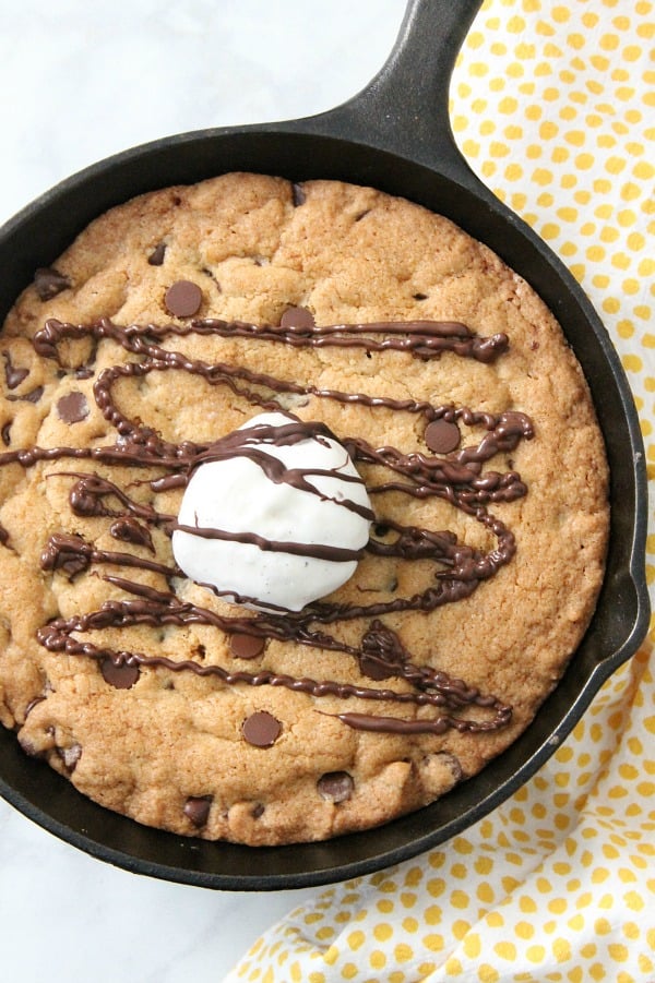 Chocolate Chip Skillet Cookie in a cast iron skillet