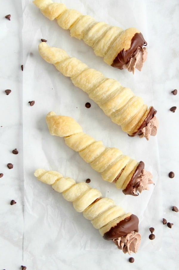 Chocolate Cream Horns on white background