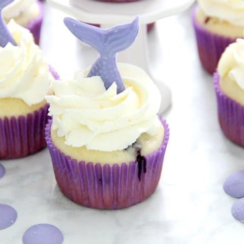 Blueberry Lemonade Mermaid Cupcakes in purple cupcake liner