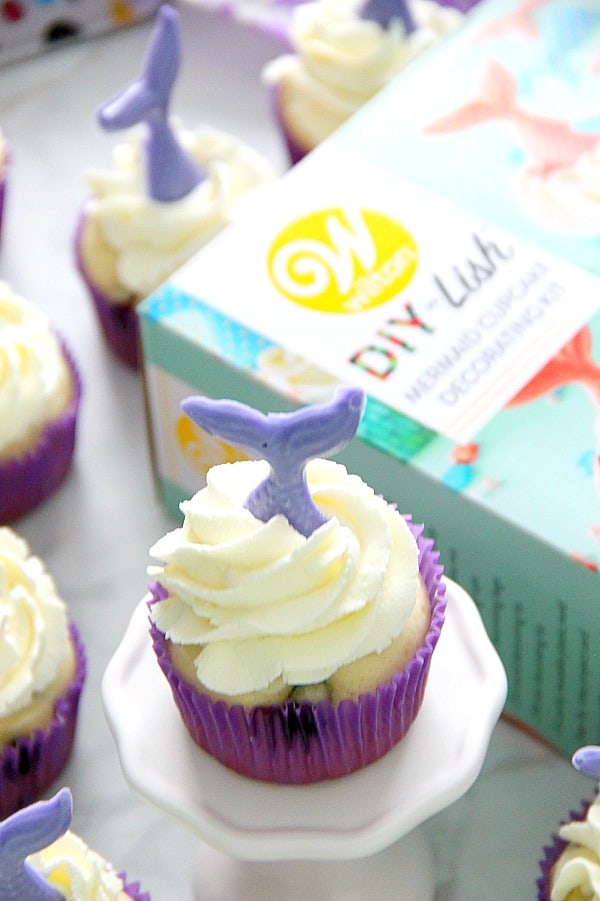 Blueberry Lemonade Mermaid Cupcakes in purple cupcake liner