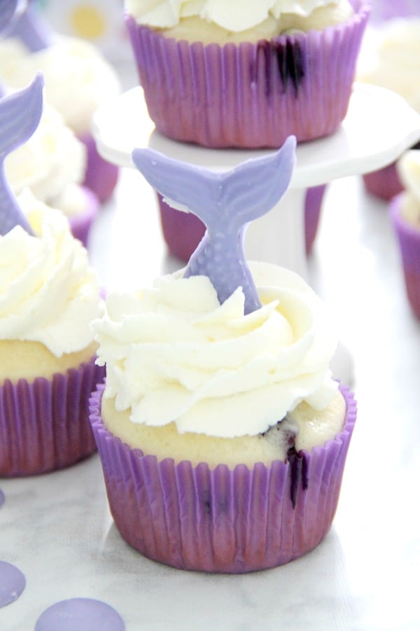 Blueberry Lemonade Mermaid Cupcakes in purple cupcake liner