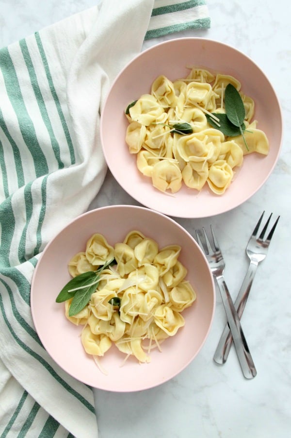 Tortellini with Butter and Sage in light pink bowl