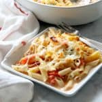 Cheesy Tomato Pasta Bake on white plate