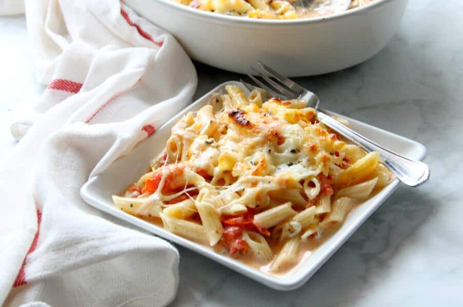 Cheesy Tomato Pasta Bake on white plate