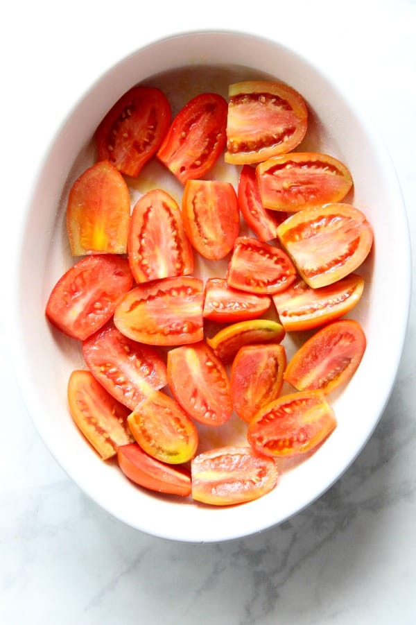 Cheesy Tomato Pasta Bake in white bowl