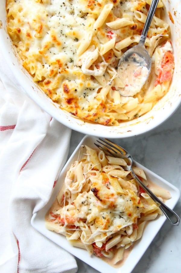 Cheesy Tomato Pasta Bake on white plate