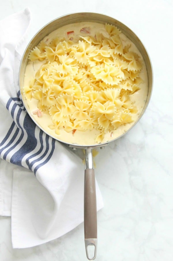 Steak Gorgonzola Pasta in sauce pan