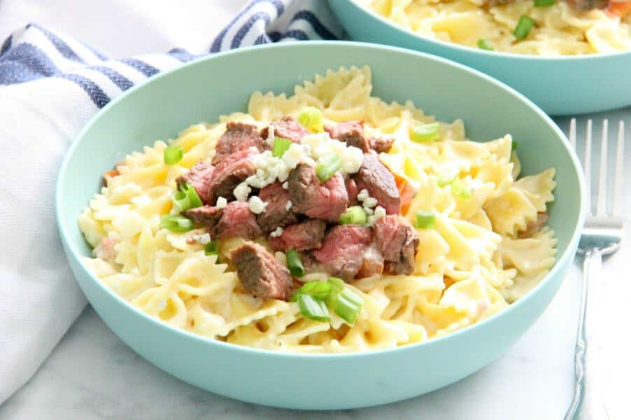 Steak Gorgonzola Pasta in blue bowl