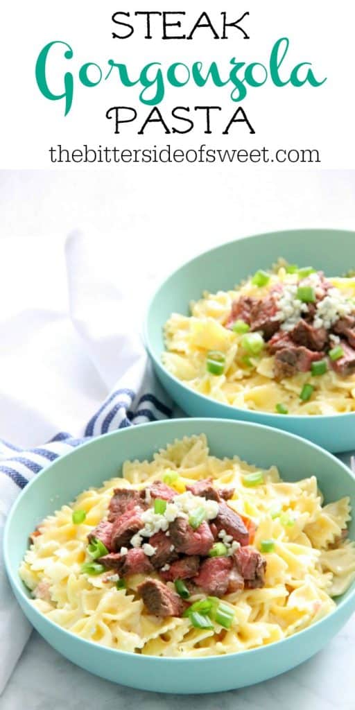 Steak Gorgonzola Pasta in blue bowl